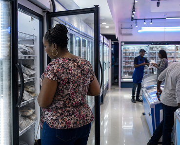Frozen food retailer arranging her freezer stock
