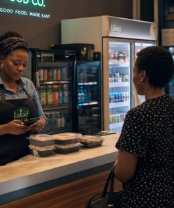 Small food business owner at her counter