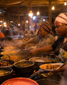 Food vendors preparing food at night