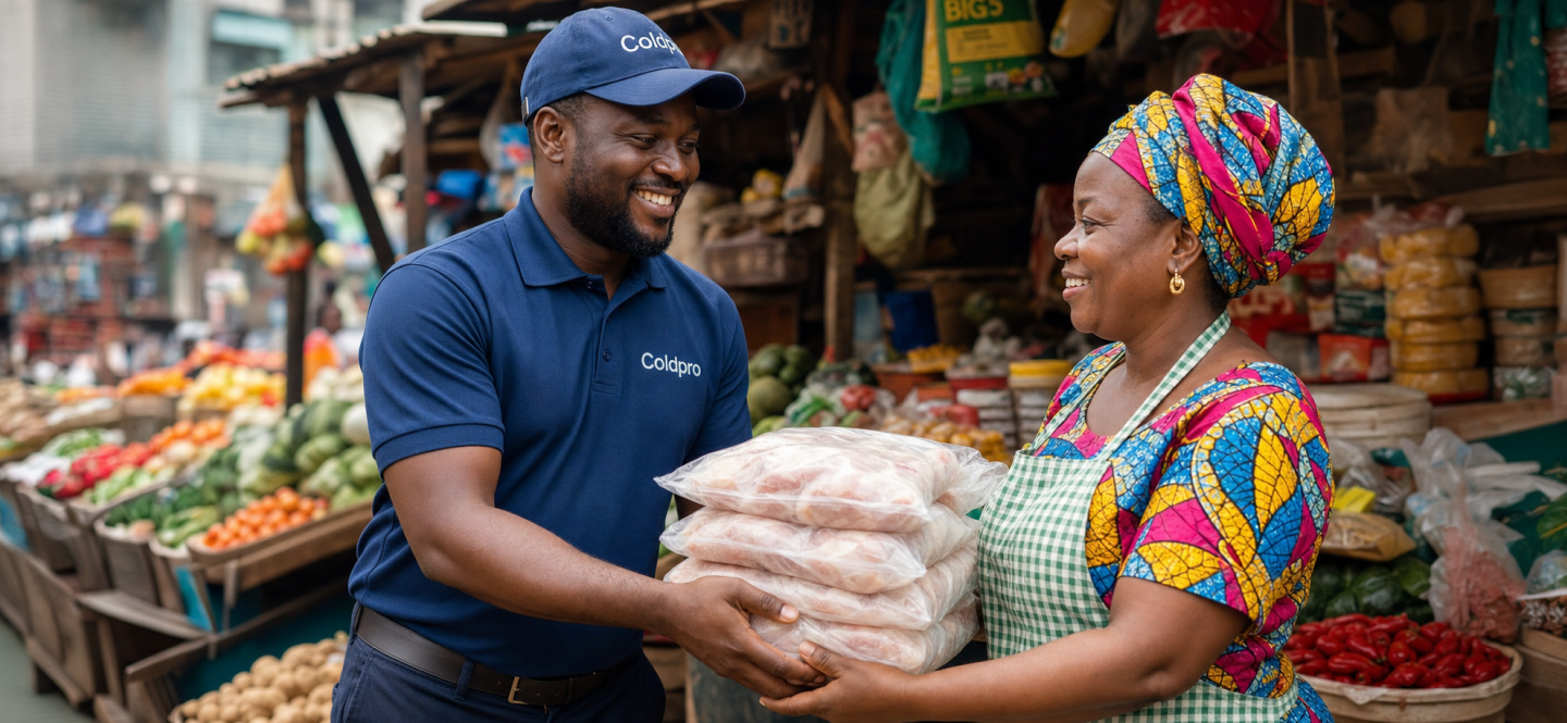 Coldpro delivery agent handing frozen food to a market vendor